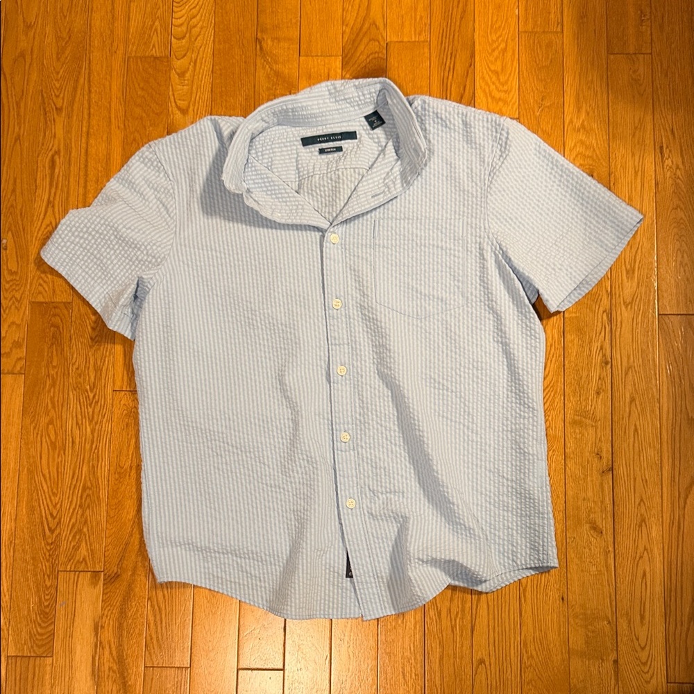 Perry Ellis Light Blue Seersucker Casual Button Down Shirt